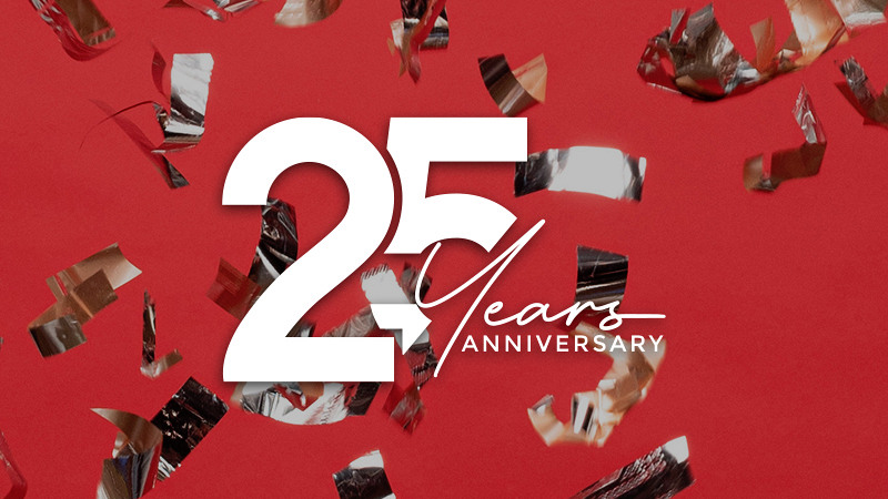 25th Anniversary celebration graphic for Online Innovations, featuring '25 Years' in large white text on a red background scattered with reflective confetti.